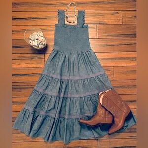 Land’s End Smocked Tiered 100% Cotton Midi Dress with Pockets